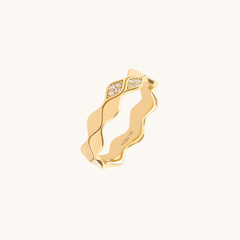 Double Wave Diamond Band Ring in Real Yellow Gold