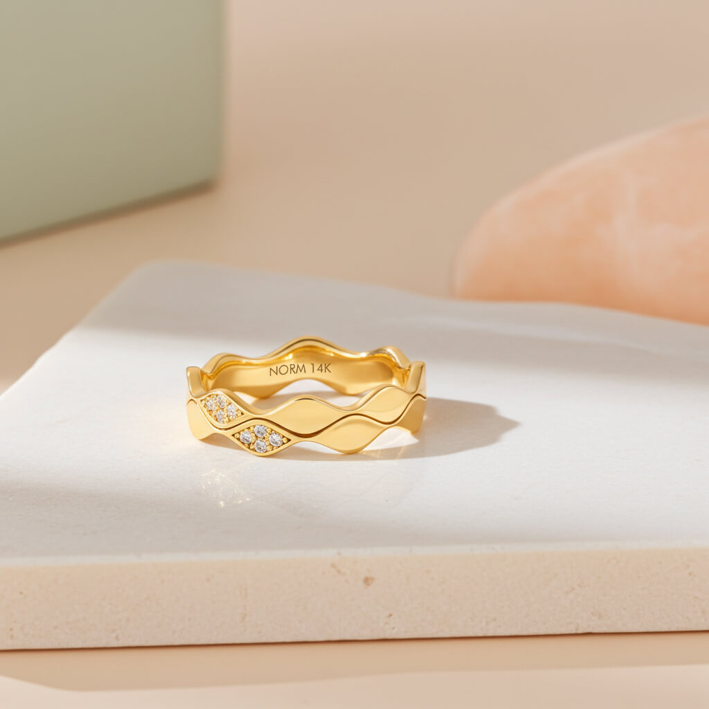 Diamond Double Wave Band Ring in Yellow Solid Gold