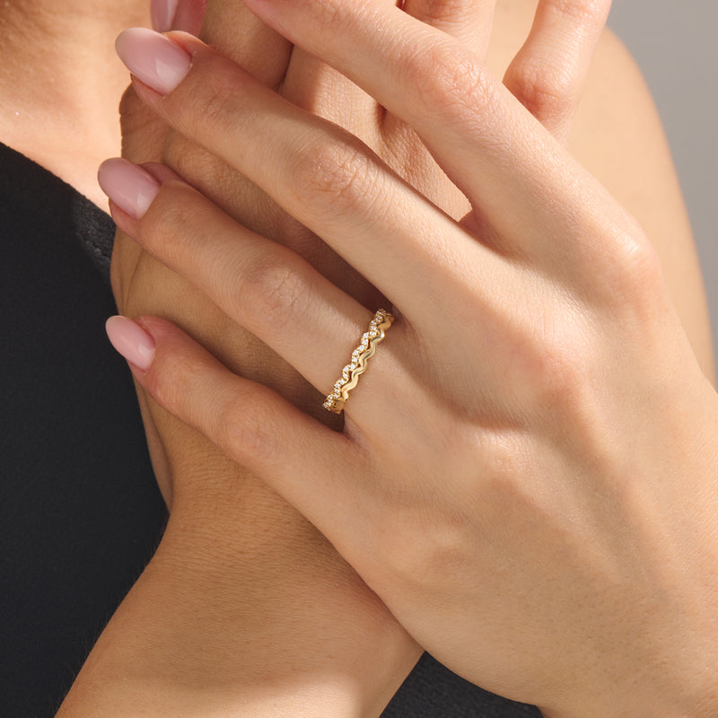 14K Real Yellow Gold Double-Line Wave Stacking Ring
