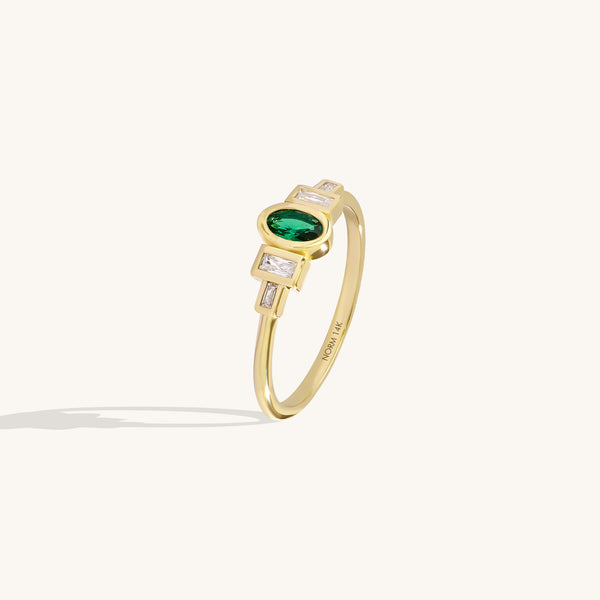 14K Solid Gold Emerald Bezel Art Deco Ring for Women