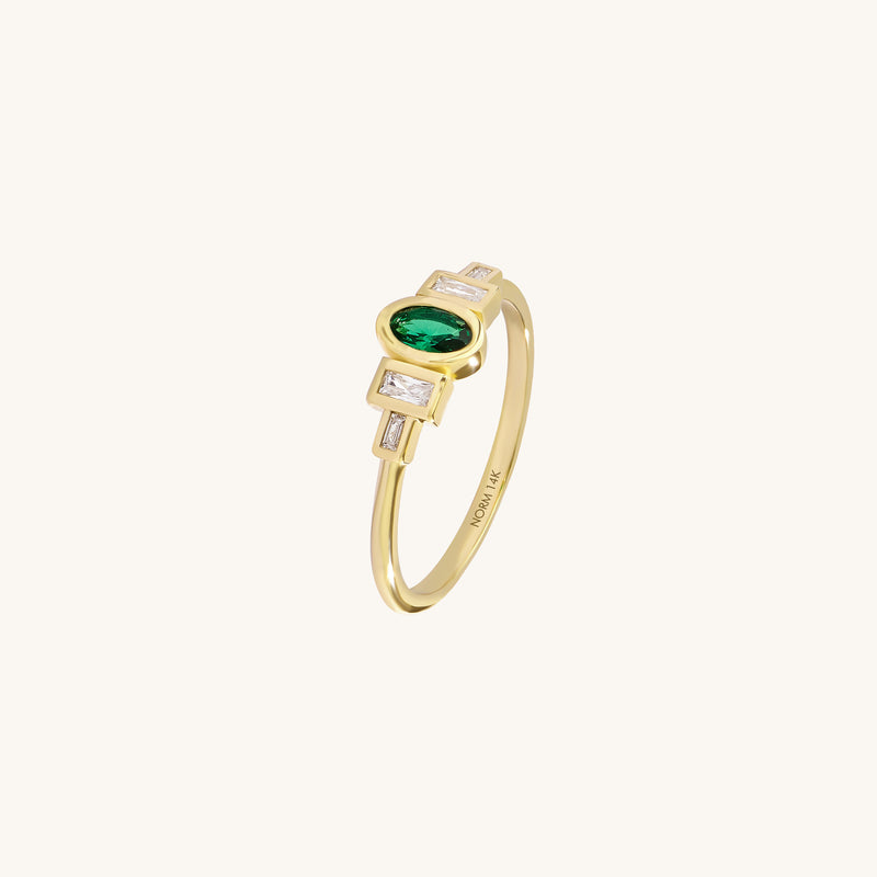 14K Real Gold Emerald Bezel Art Deco Ring