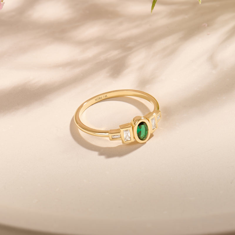 14K Real Gold Emerald Bezel Art Deco Ring for Women