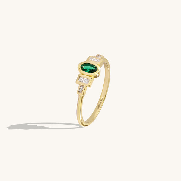 14K Solid Gold Emerald Bezel Art Deco Ring for Women