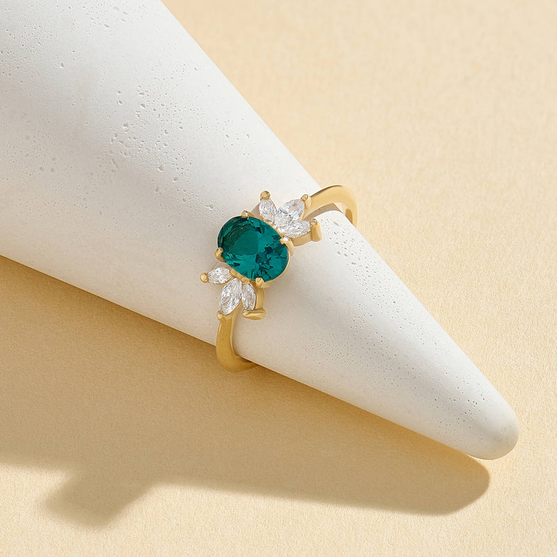 Oval Cut Emerald Flower Ring in 14k Solid Gold