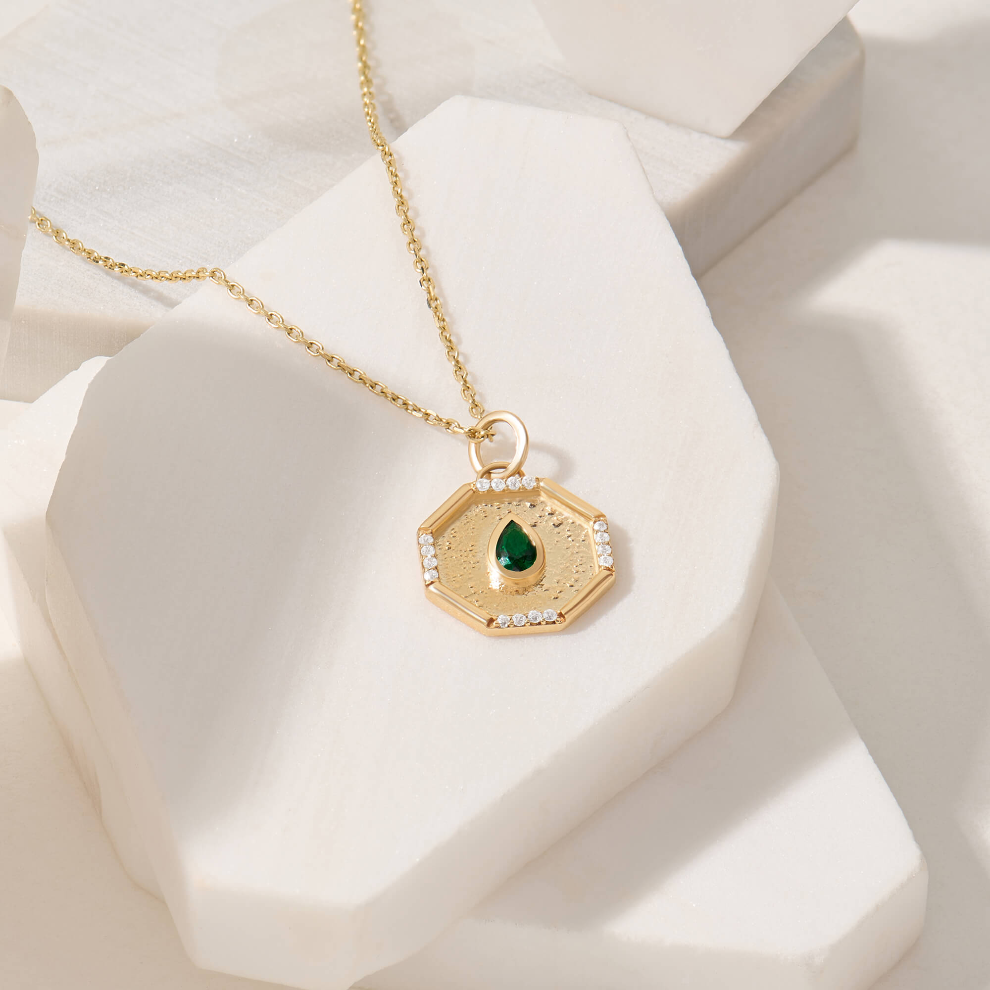 Emerald Octagon Necklace in 14K Real Yellow Gold