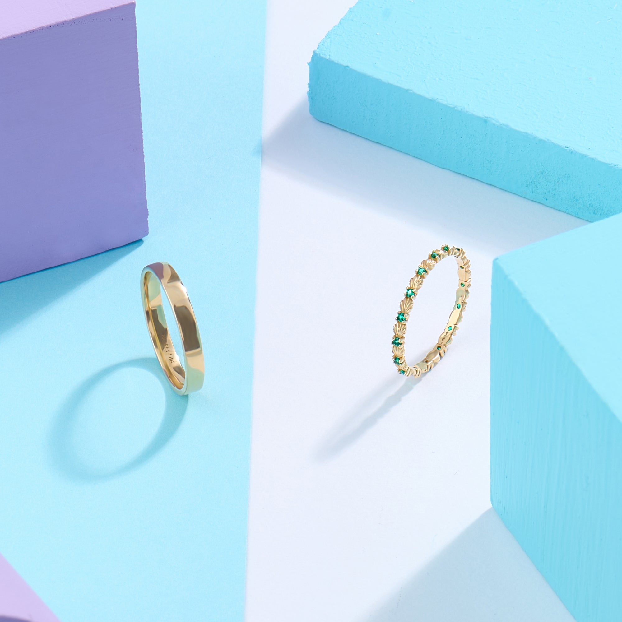 14k Real Yellow Gold Emerald Seashell Eternity Ring