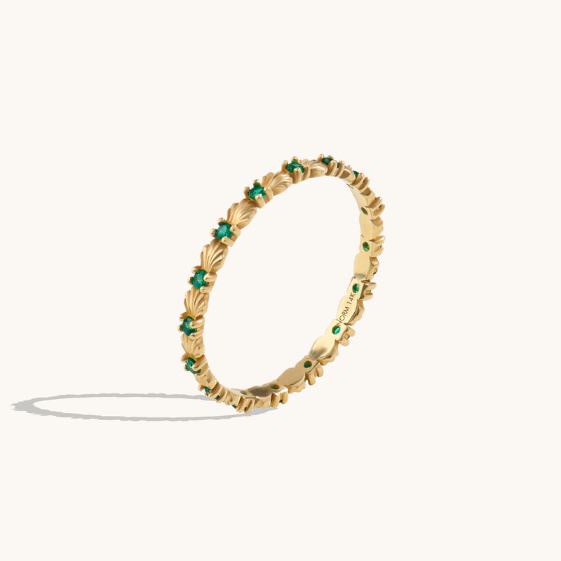 Women's Emerald Seashell Eternity Band Ring in 14k Real Yellow Gold