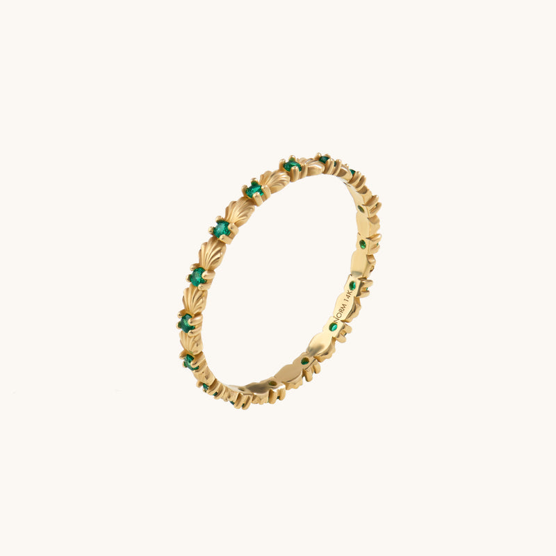 14k Solid Gold Seashell Emerald Band Ring