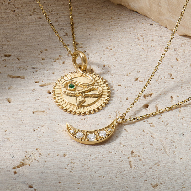 14k Real Gold Lab-Grown Emerald Serpent Coin Necklace