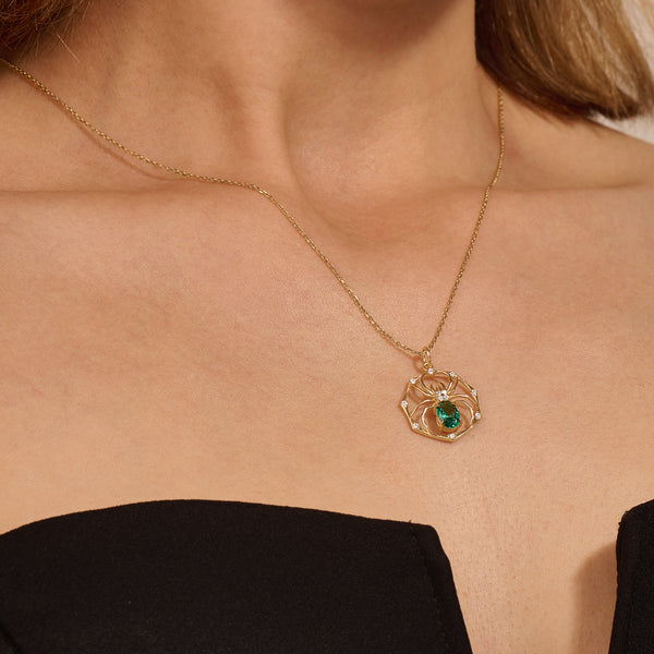 Women's 14k Real Gold Emerald Spider Necklace