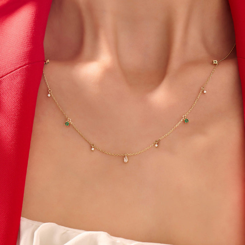 Women's Emerald and CZ Necklace in 14K Solid Gold