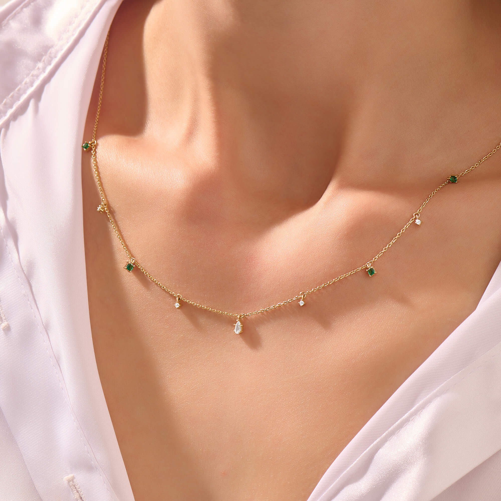 Women's 14K Solid Yellow Gold Emerald Station Necklace
