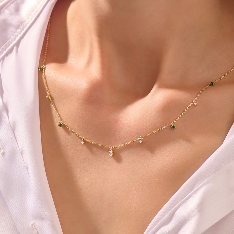 Women's 14K Solid Yellow Gold Emerald Station Necklace
