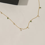 Emerald and CZ Decorated Station Necklace in 14K Solid Gold