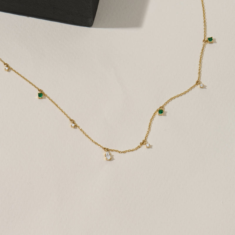 Emerald and CZ Decorated Station Necklace in 14K Solid Gold