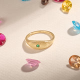 14K Real Gold Emerald Sunburst Signet Ring