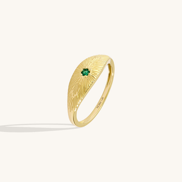 14K Real Yellow Gold Emerald Sunburst Signet Ring