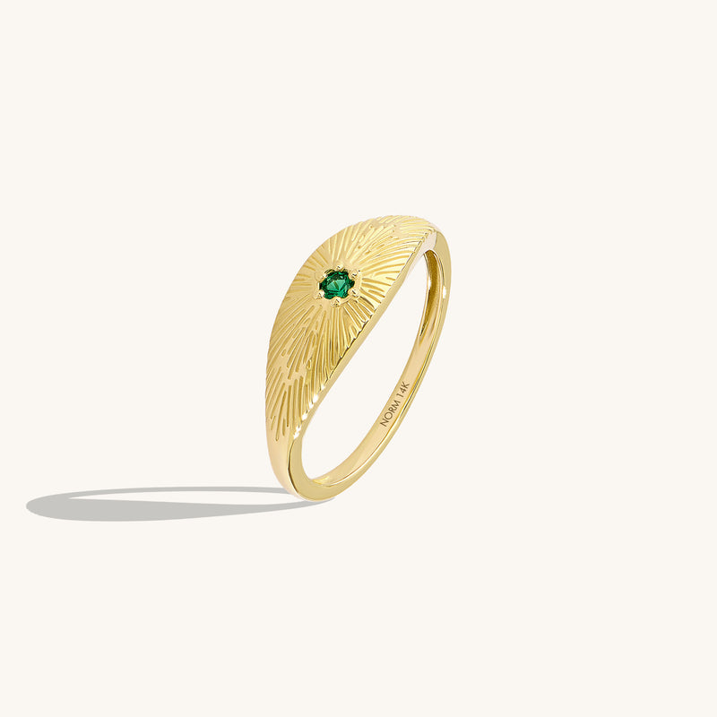 14K Real Yellow Gold Emerald Sunburst Signet Ring