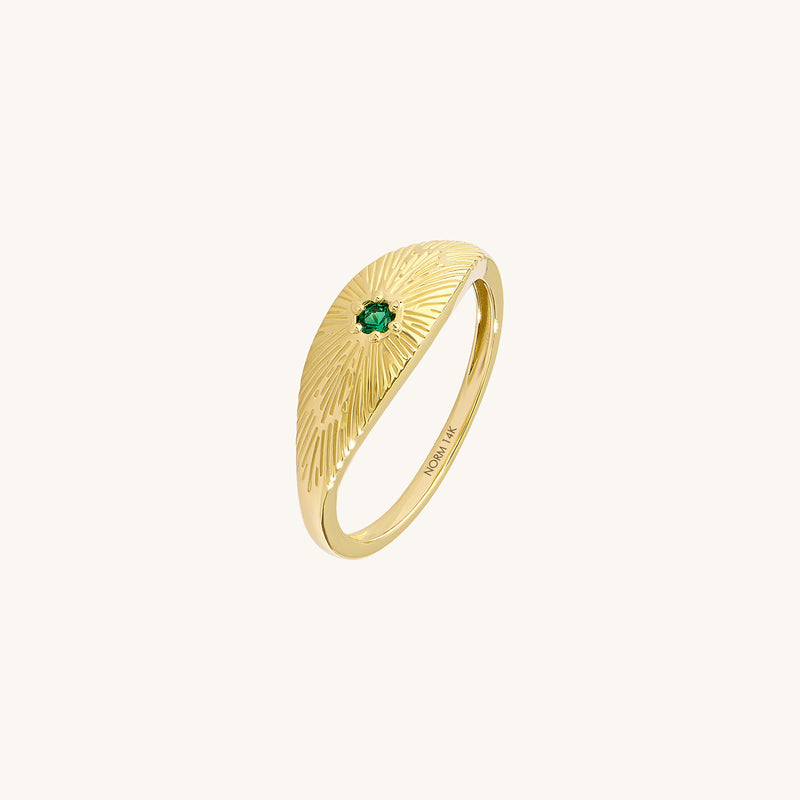 Emerald Sunburst Signet Ring in Gold