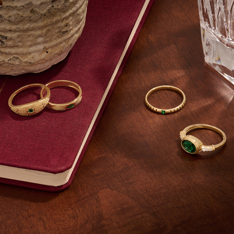 Emerald Sunburst Signet Ring, Women's 14k Solid Gold Signet Ring