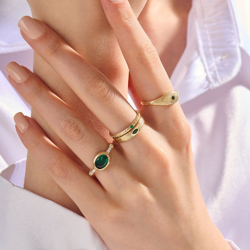 Women's 14K Real Gold Emerald Sunburst Signet Ring