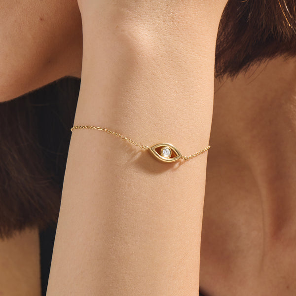 Women's 14K Real Yellow Gold Evil Eye Charm Protection Bracelet