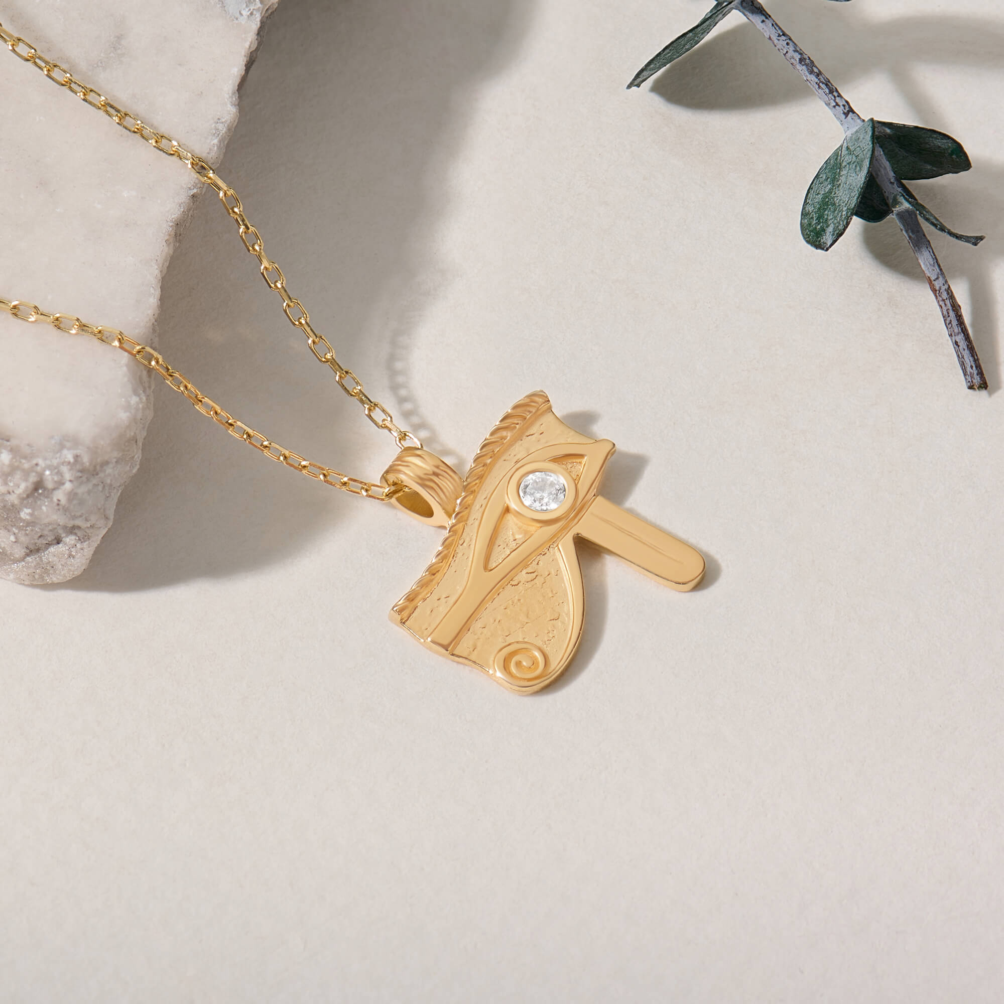 Eye of Horus Necklace in 14K Solid Yellow Gold with CZ