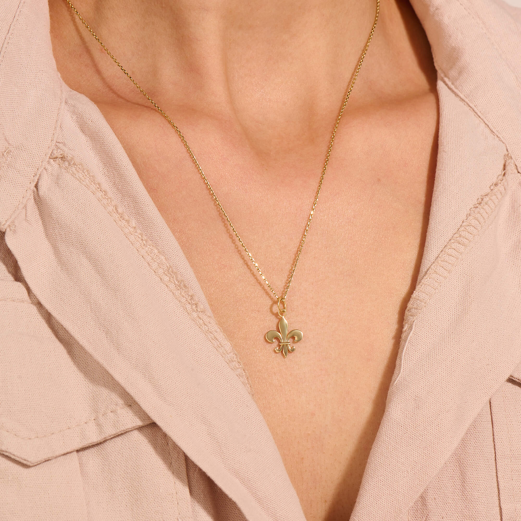 14k Real Yellow Gold Fleur de Lis Charm Necklace for Women