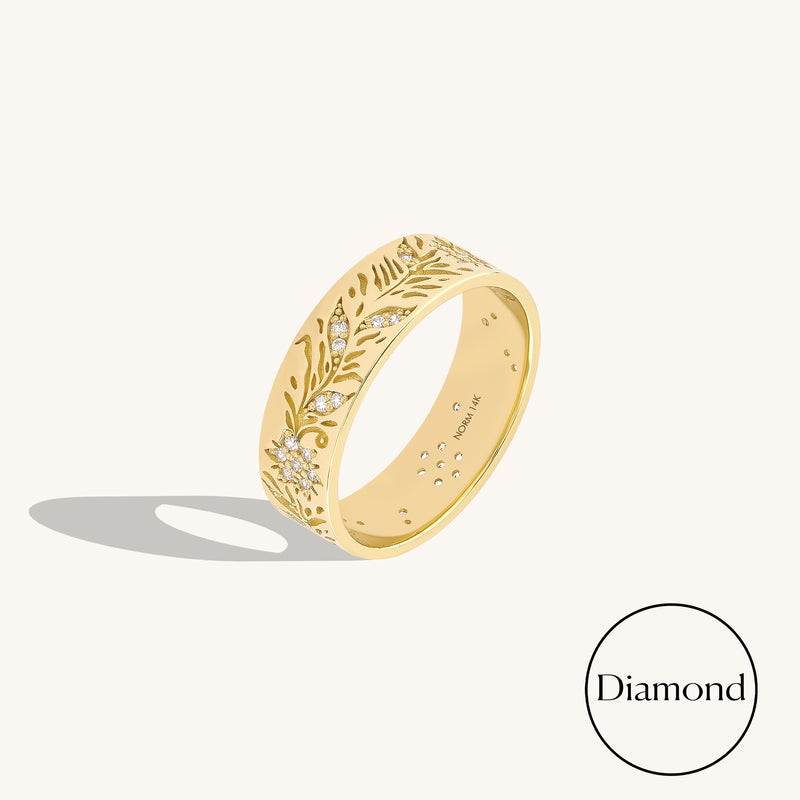 0.18ct Floral Engraved Wedding Band Ring in 14k Solid Gold