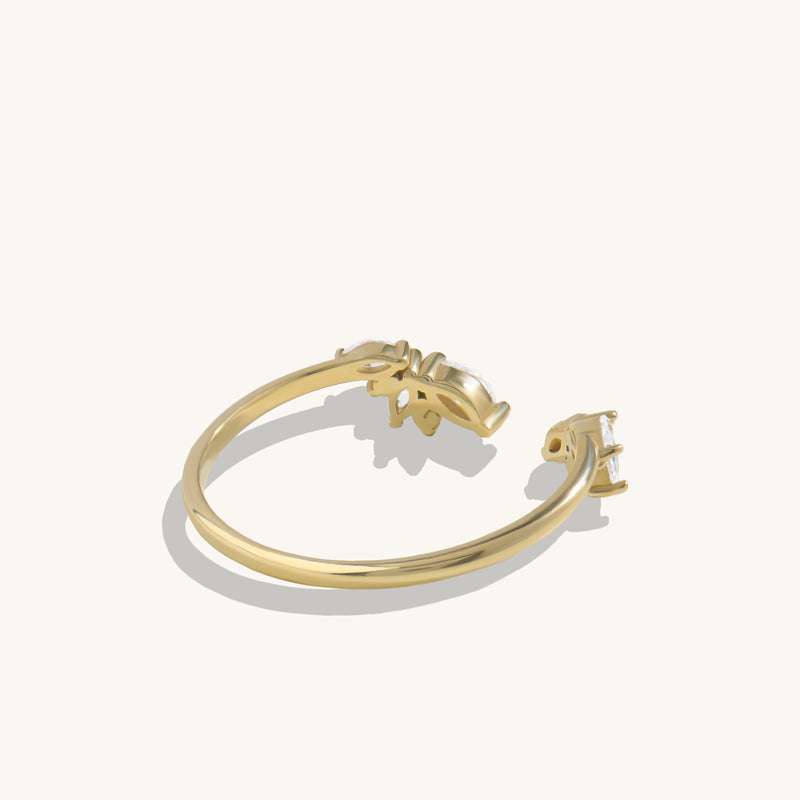 14k Solid Gold Floral Open Curve Ring