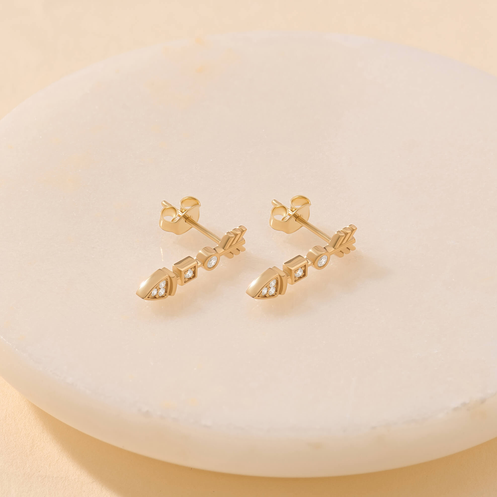 Geometric Design Arrow Earrings in Yellow Gold with Diamonds