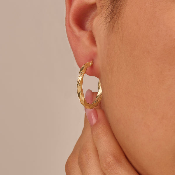 14k Yellow Gold Greek Key Twist Hoop Earrings for Women