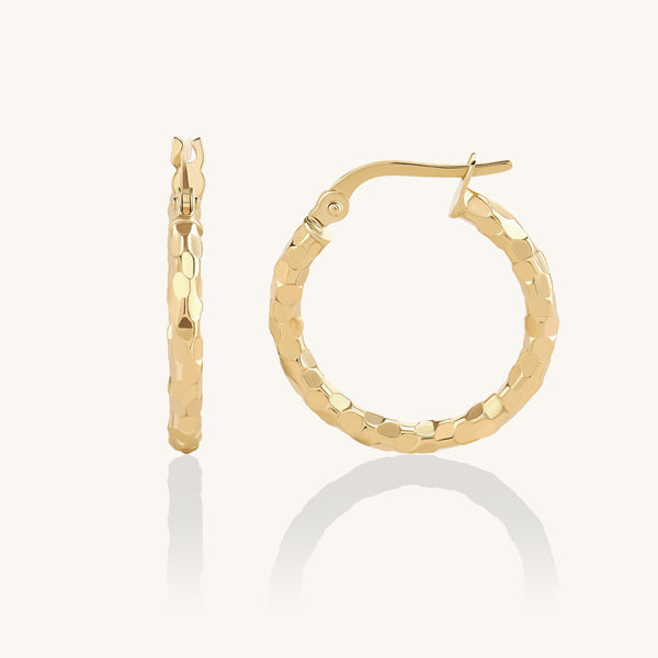 14K Solid Gold Hammered Hoop Earrings for Women