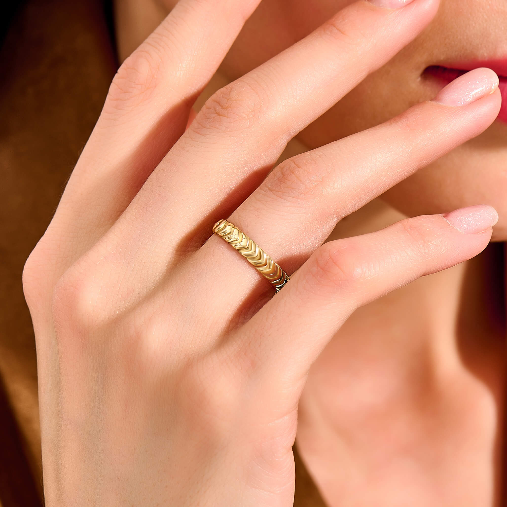 Women's 14K Real Gold 3.60mm Herringbone Wedding Band