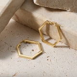 14K Solid Gold Geometric Hexagon Hoop Earrings