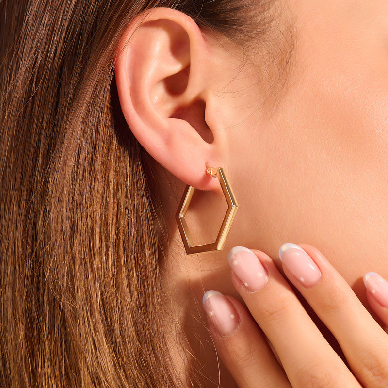 Women's 14K Real Yellow Gold Geometric Hexagon Hoop Earrings