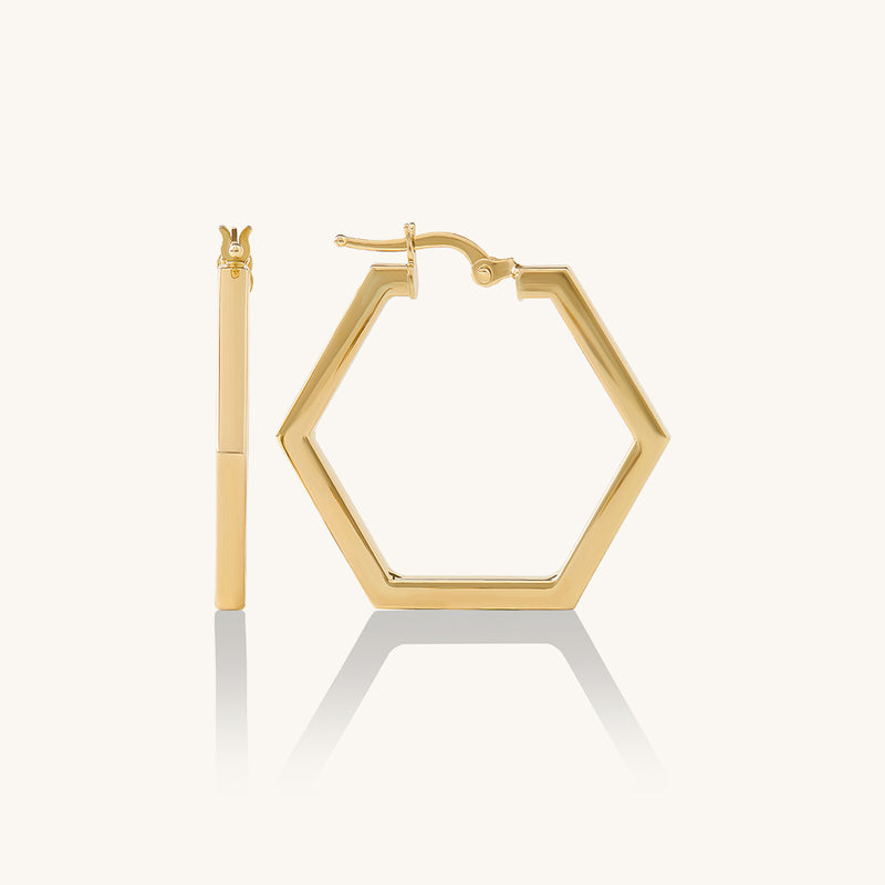 Women's 14K Real Gold Geometric Hexagon Hoop Earrings
