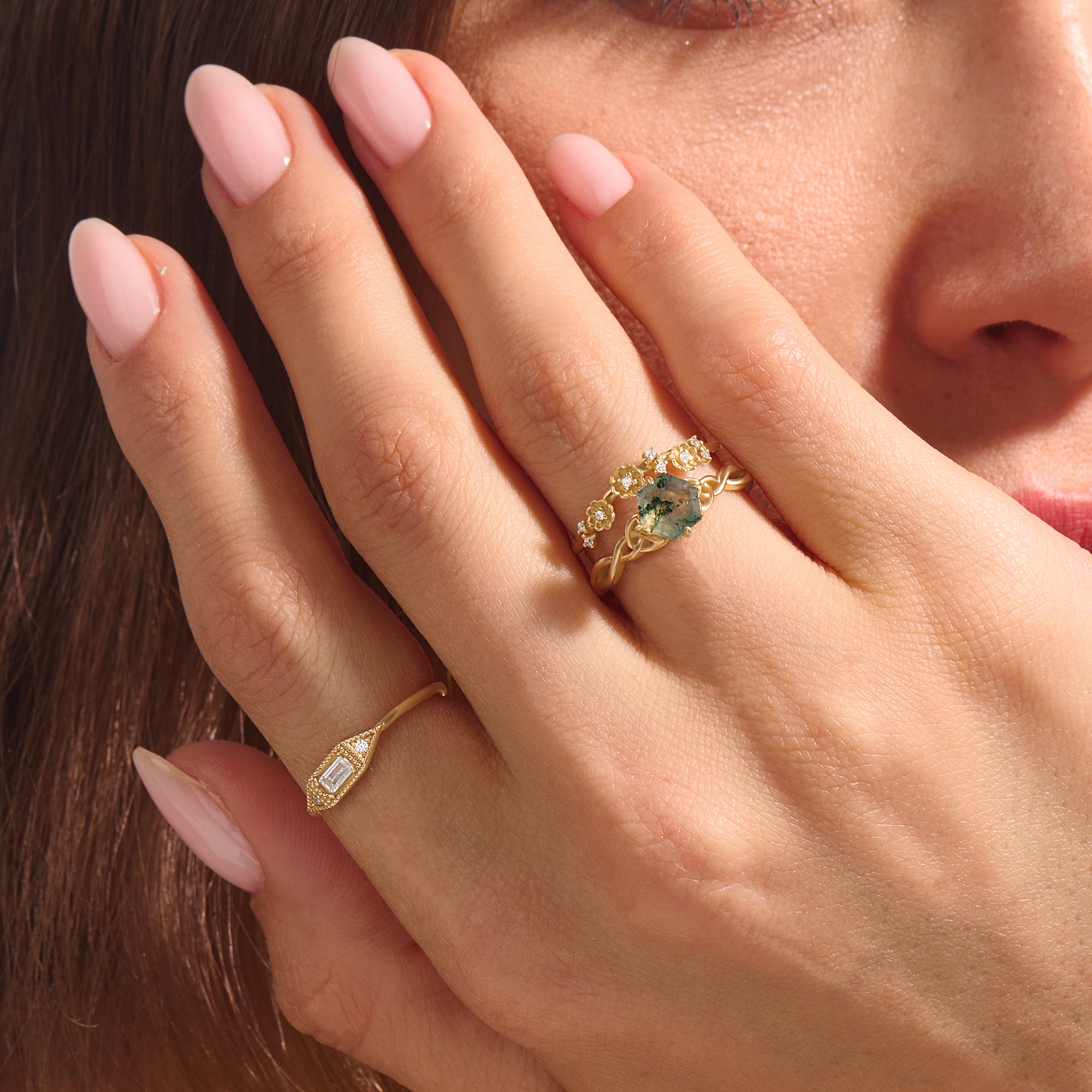 Hexagon Cut 1.22ct Moss Agate Celtic Engagement Ring in 14k Solid Gold