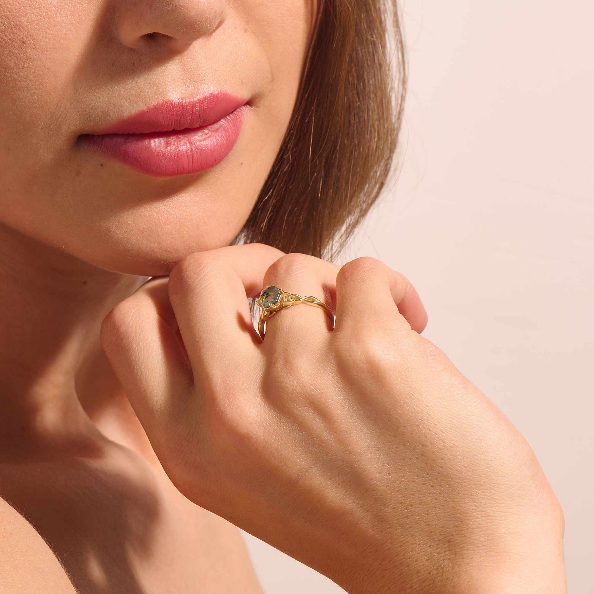 Hexagon Cut 1.22ct Moss Agate Celtic Solitaire Ring in 14k Real Yellow Gold