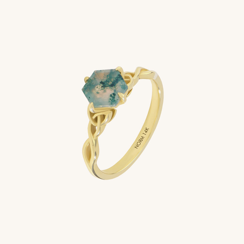 Hexagon Cut 1.22ct Moss Agate Celtic Engagement Ring in 14k Yellow Gold