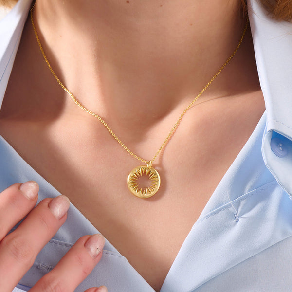 Women's Hollow Sun Necklace in 24K Gold Plated Vermeil on Solid Silver
