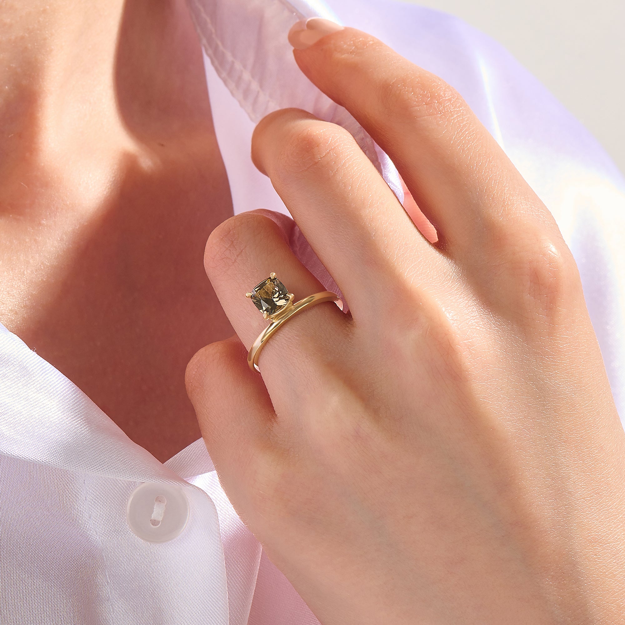 Hover Smokey Gray Cushion Solitaire Ring in 14K Solid Gold