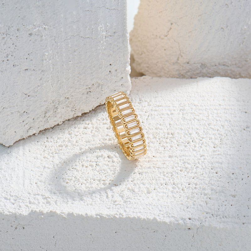 14K Solid Yellow Gold Inlay Baguette Eternity Wedding Band Ring