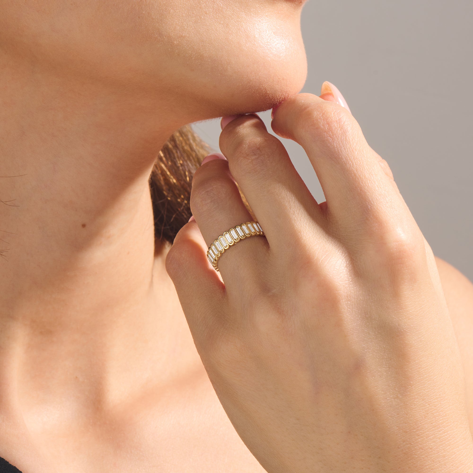 14K Real Gold Inlay Baguette Eternity Wedding Band Ring