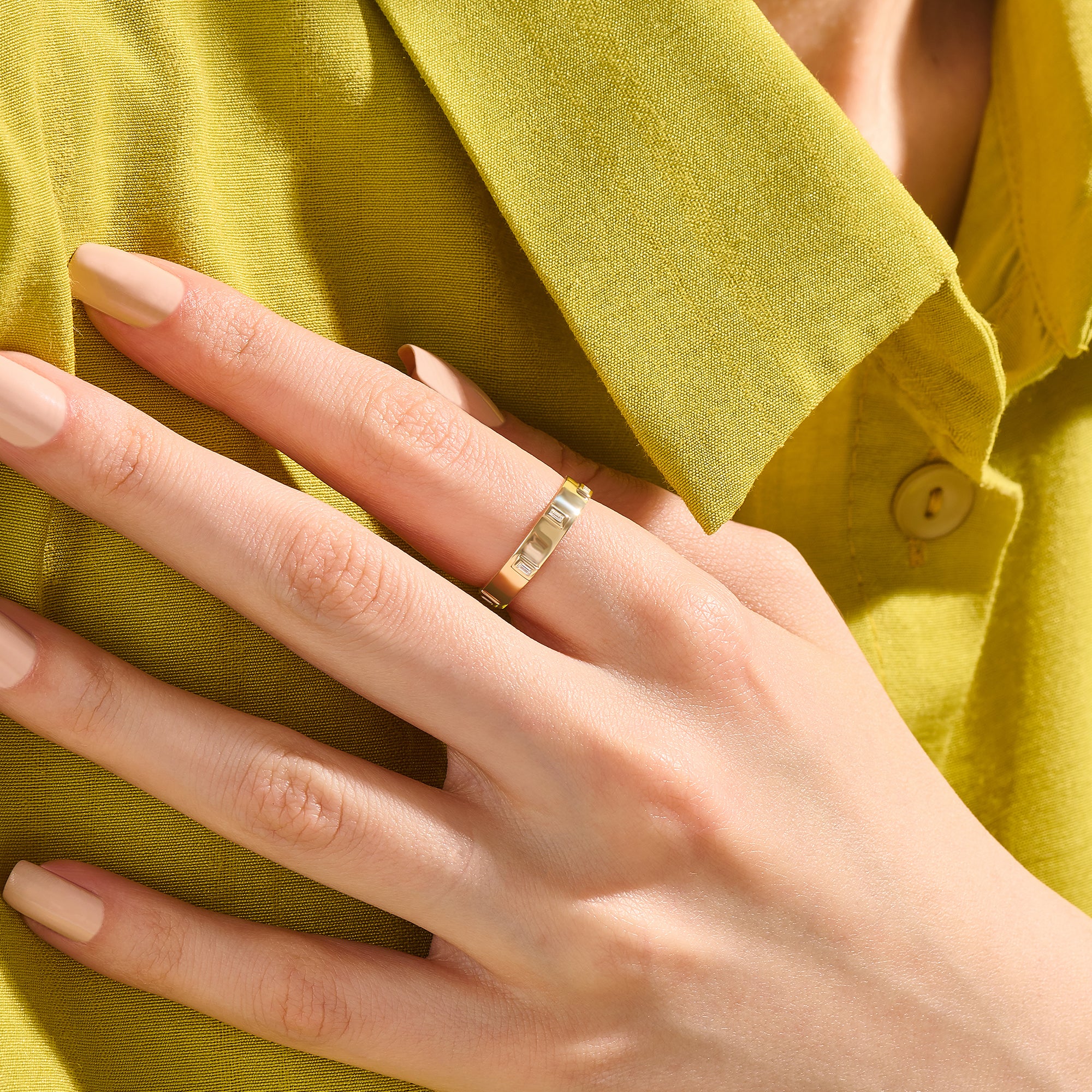 14K Real Gold 3.50mm Flat Band Ring with Baguette Details