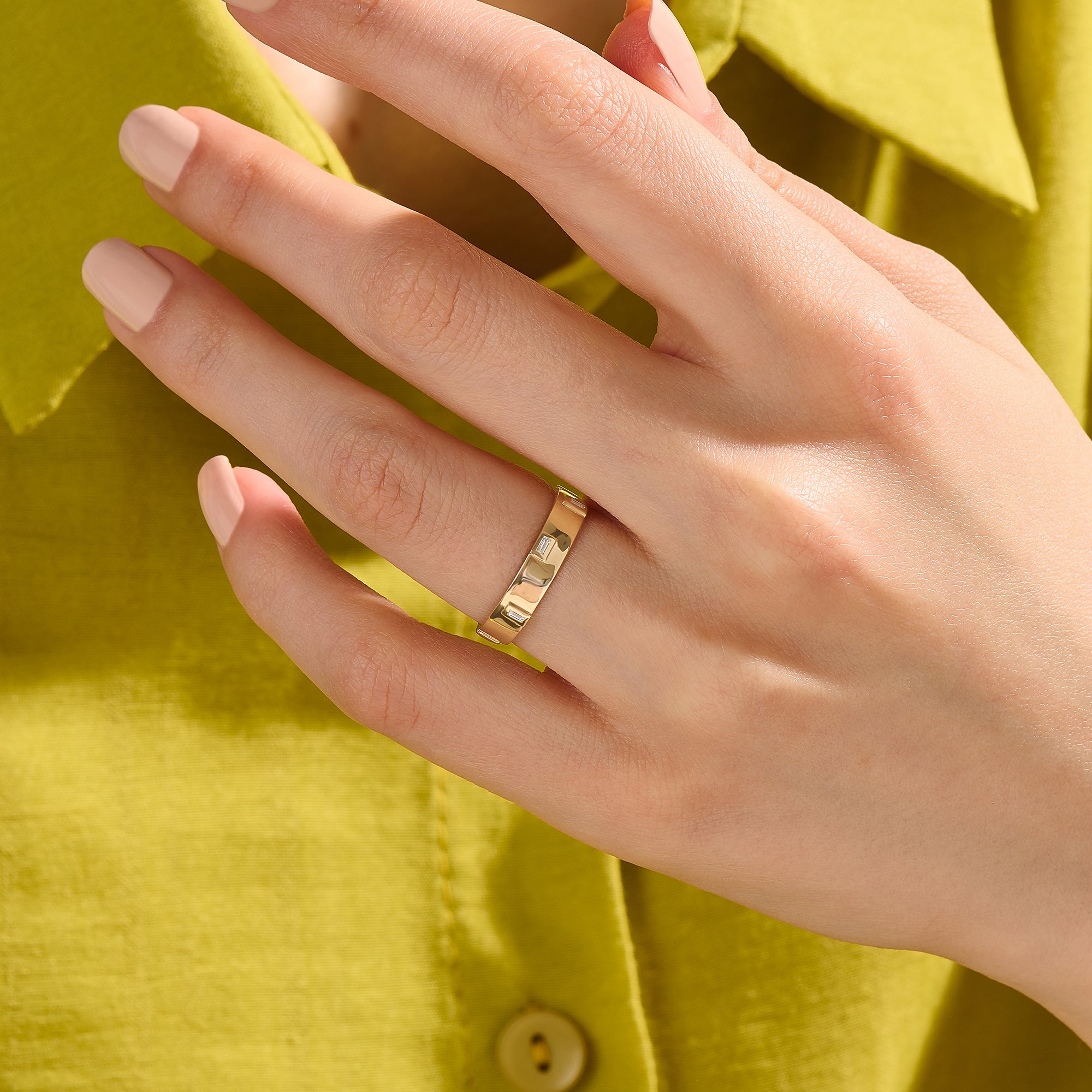 Women's 14K Solid Gold Inlay Baguette Wedding Band Ring