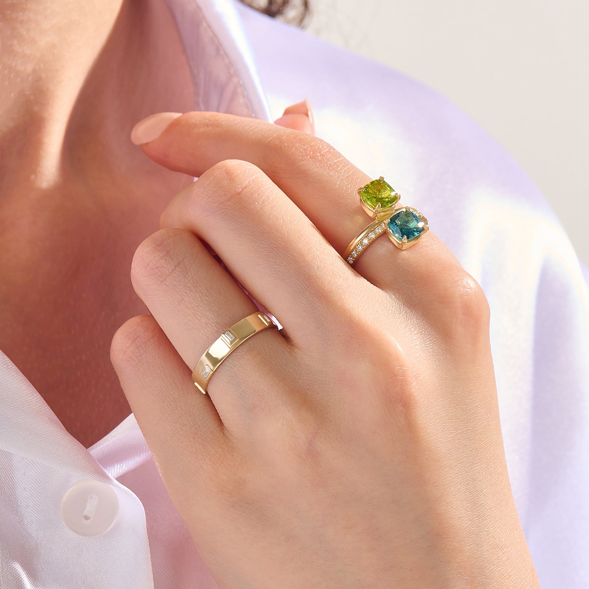 Real 14k Gold Wedding Band Ring Decorated with Baguette-Cut Stones