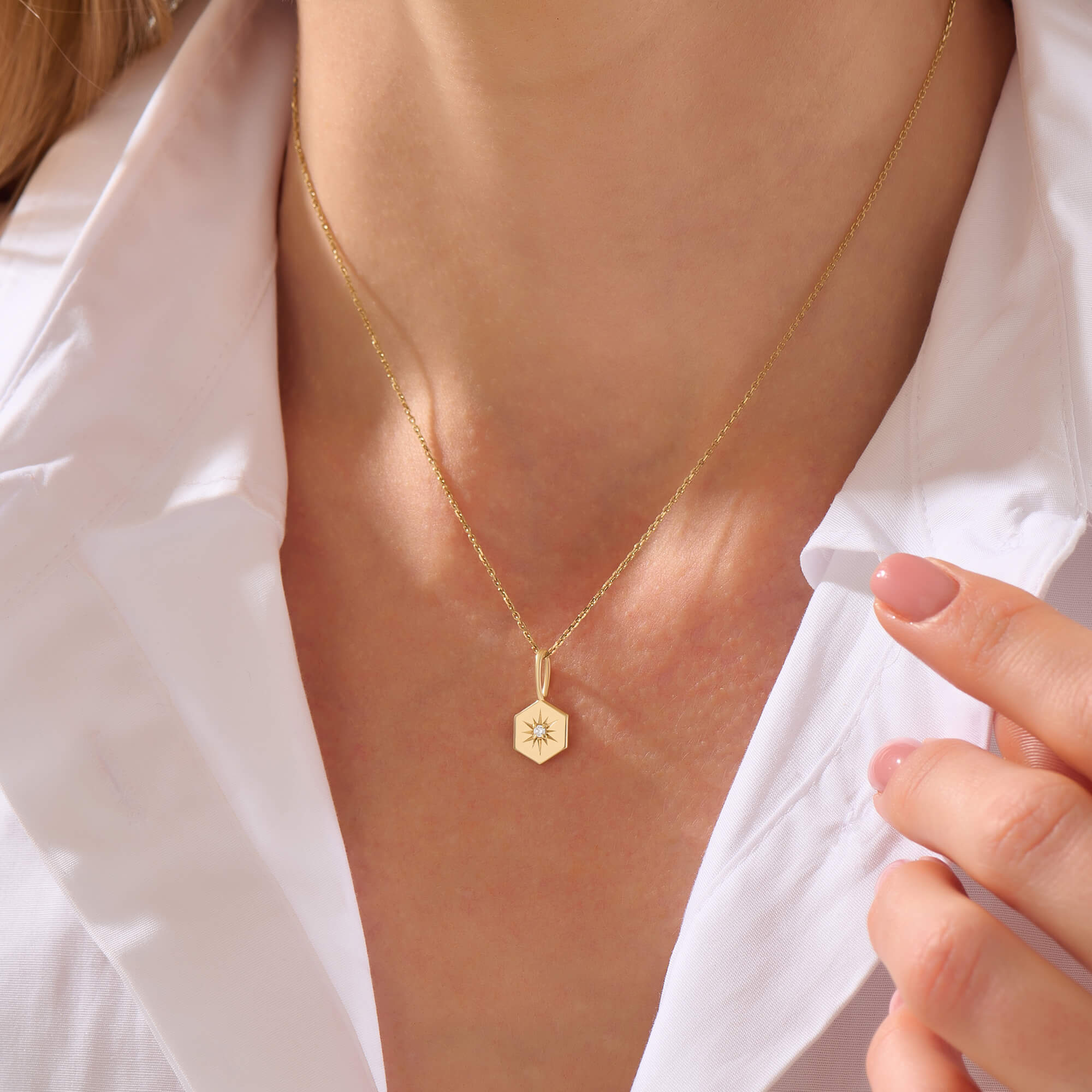 Women's Real Yellow Gold Lab-Grown Diamond Hexagon Starburst Necklace