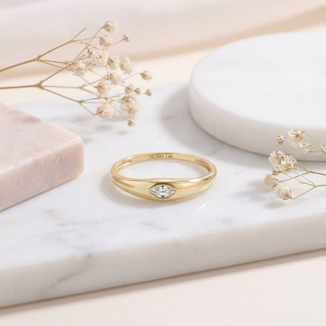 Solid Gold Marquise Bezel Signet Ring with Lab-Grown Diamond