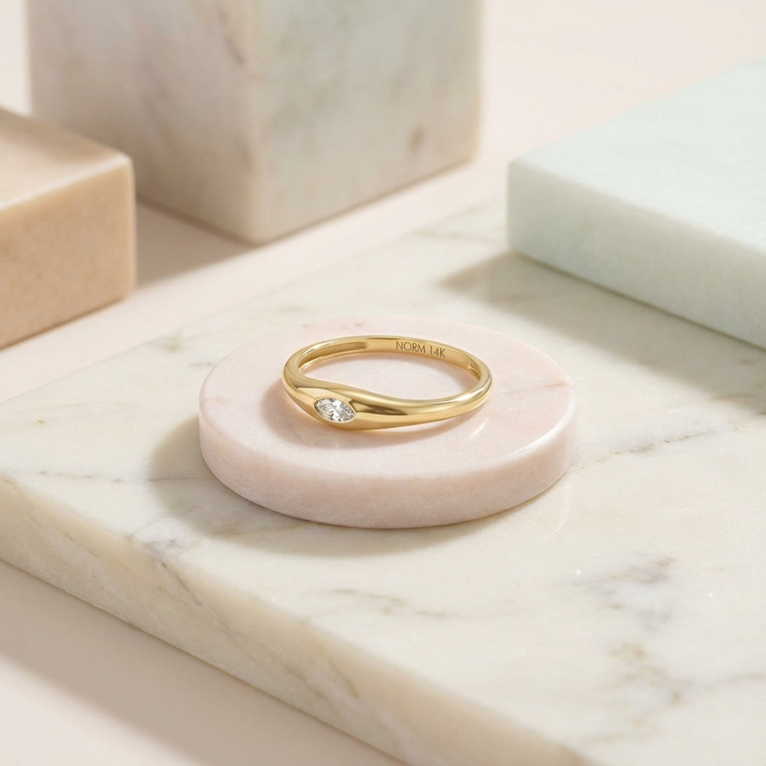 Gold Marquise Bezel Signet Ring with Lab-Grown Diamond